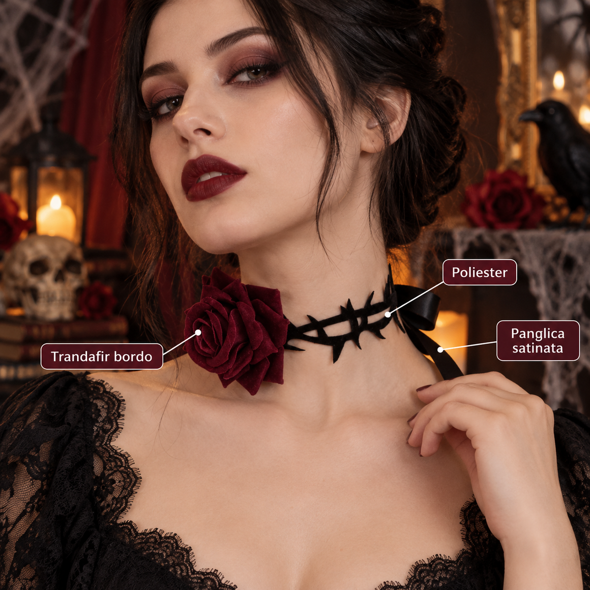 Colier Gotic Cu Trandafir Bordo Si Spini Catifelati - specificatii - Shopiens
