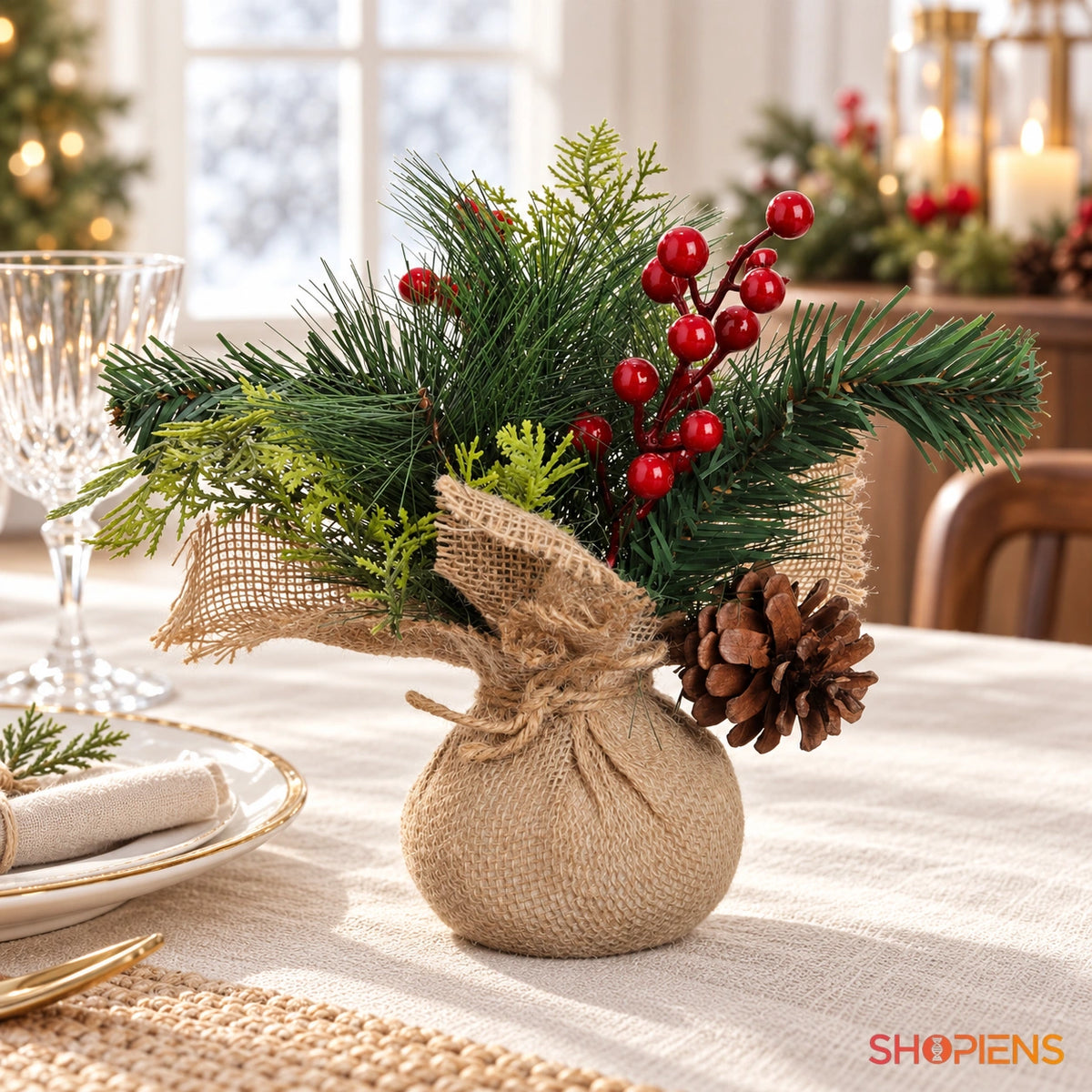 Compoziție cu pin și con în săculeț cu fundă, 25 cm pe masa festivă, în lumină naturală | Shopiens®