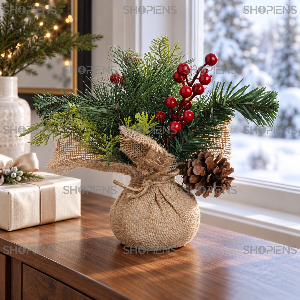 Compoziție cu pin și con în săculeț cu fundă, 25 cm pe o consolă lângă fereastră, într-un decor de iarnă | Shopiens®