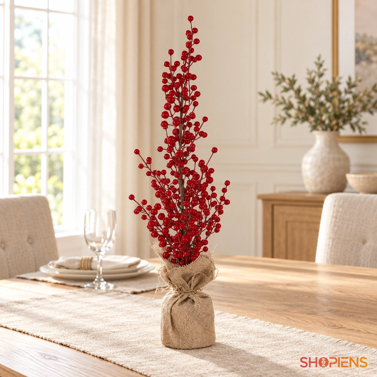 Compoziție înaltă cu ramuri și fructe roșii, 62 cm pe masa festivă, în lumină naturală | Shopiens®