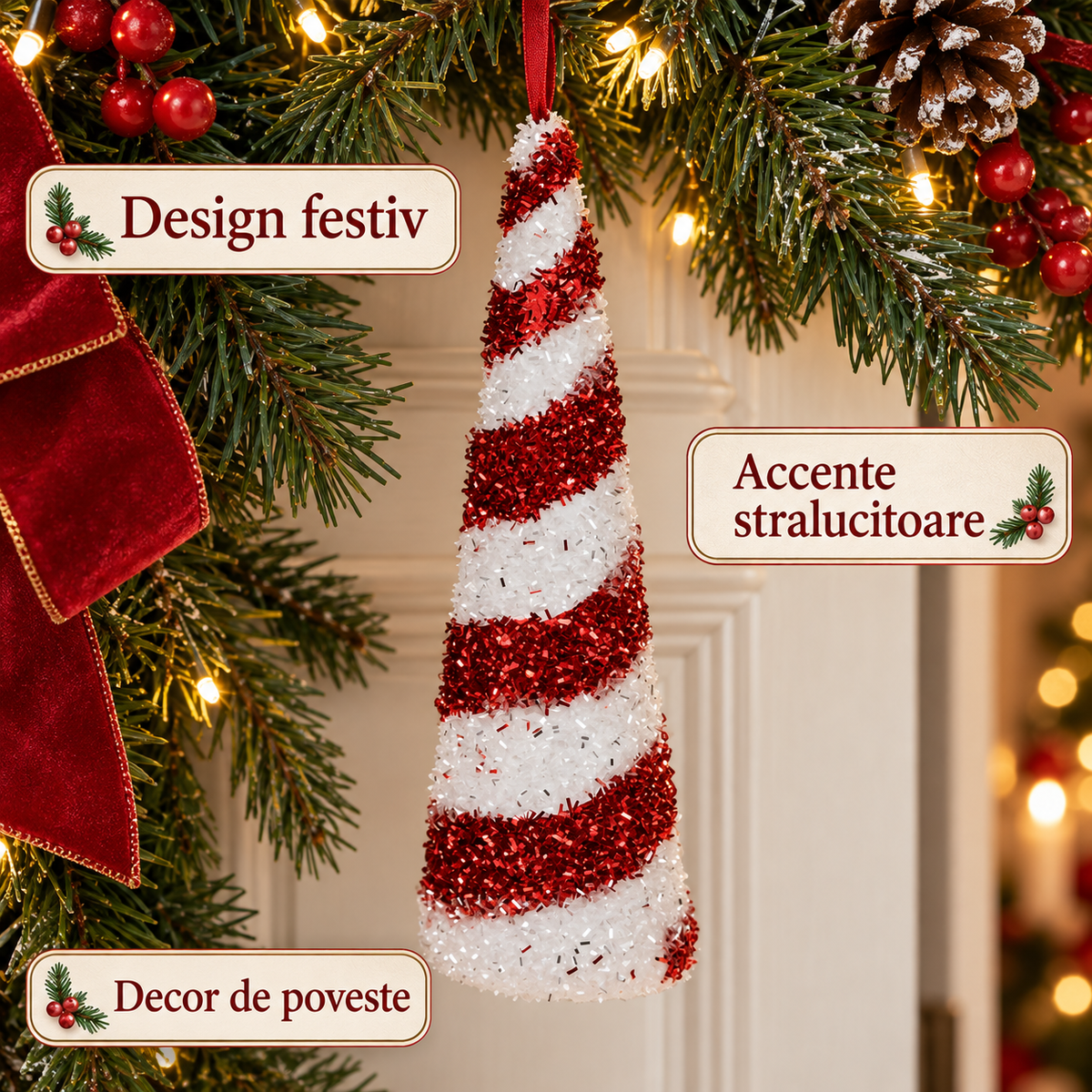 Con Candy Rosu Alb Cu Beteala, Ornament De Brad - avantaje - Shopiens