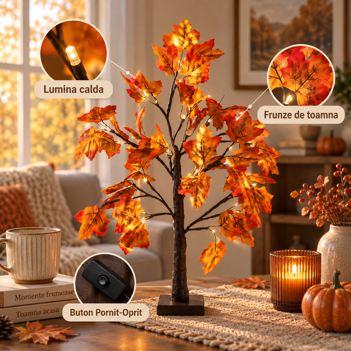 Copac Decorativ Cu Frunze De Toamna Si LED, 60 Cm - avantaje - Shopiens