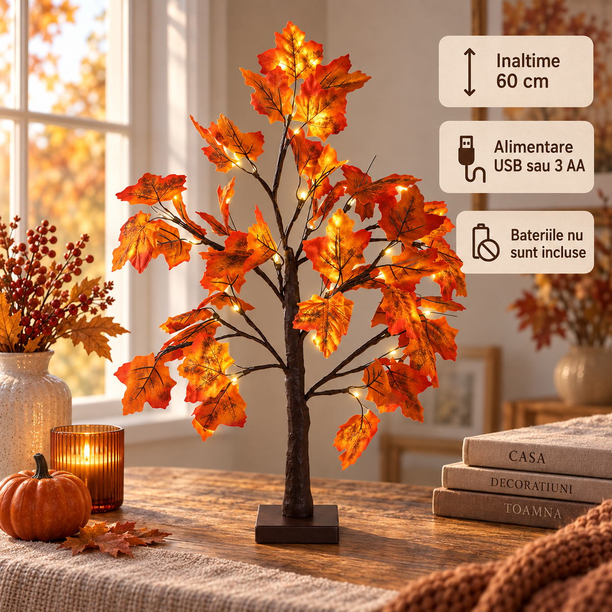Copac Decorativ Cu Frunze De Toamna Si LED, 60 Cm - specificatii - Shopiens