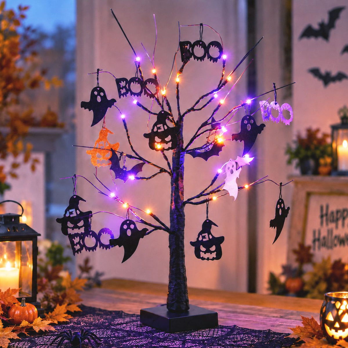 Copac Negru Cu LED-uri Si Figurine Halloween, 60 Cm - Shopiens