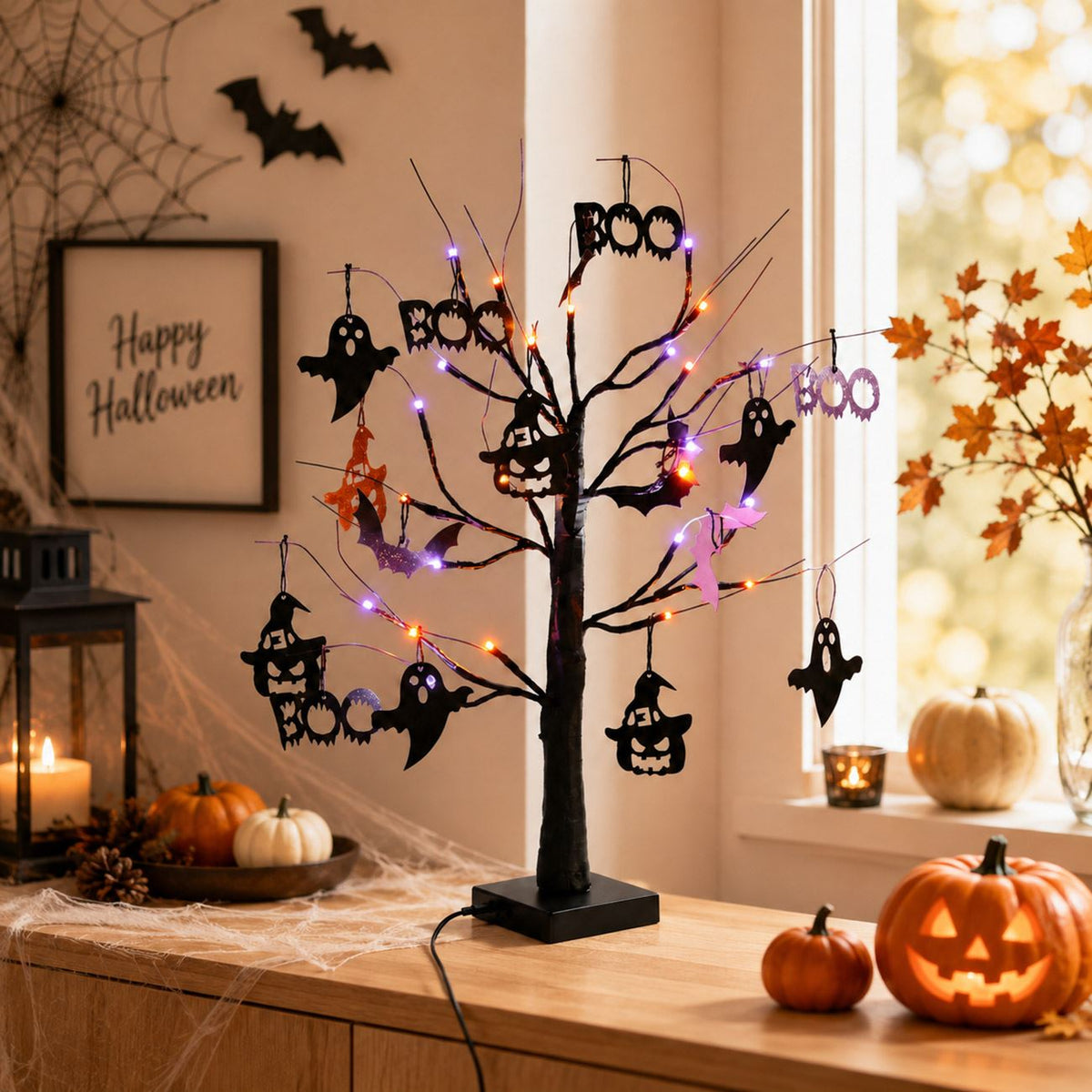 Copac Negru Cu LED-uri Si Figurine Halloween, 60 Cm - Shopiens