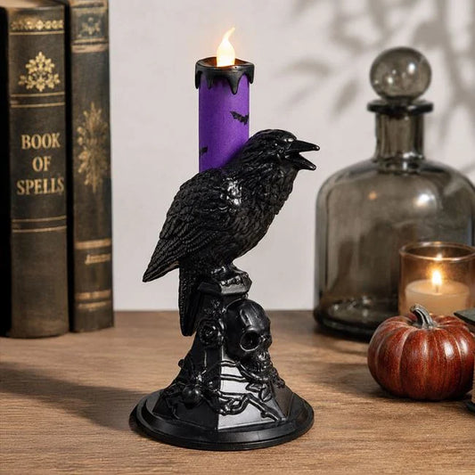 Corb Negru Cu Lumanare LED Mov, Decor Halloween De 21 Cm - Shopiens