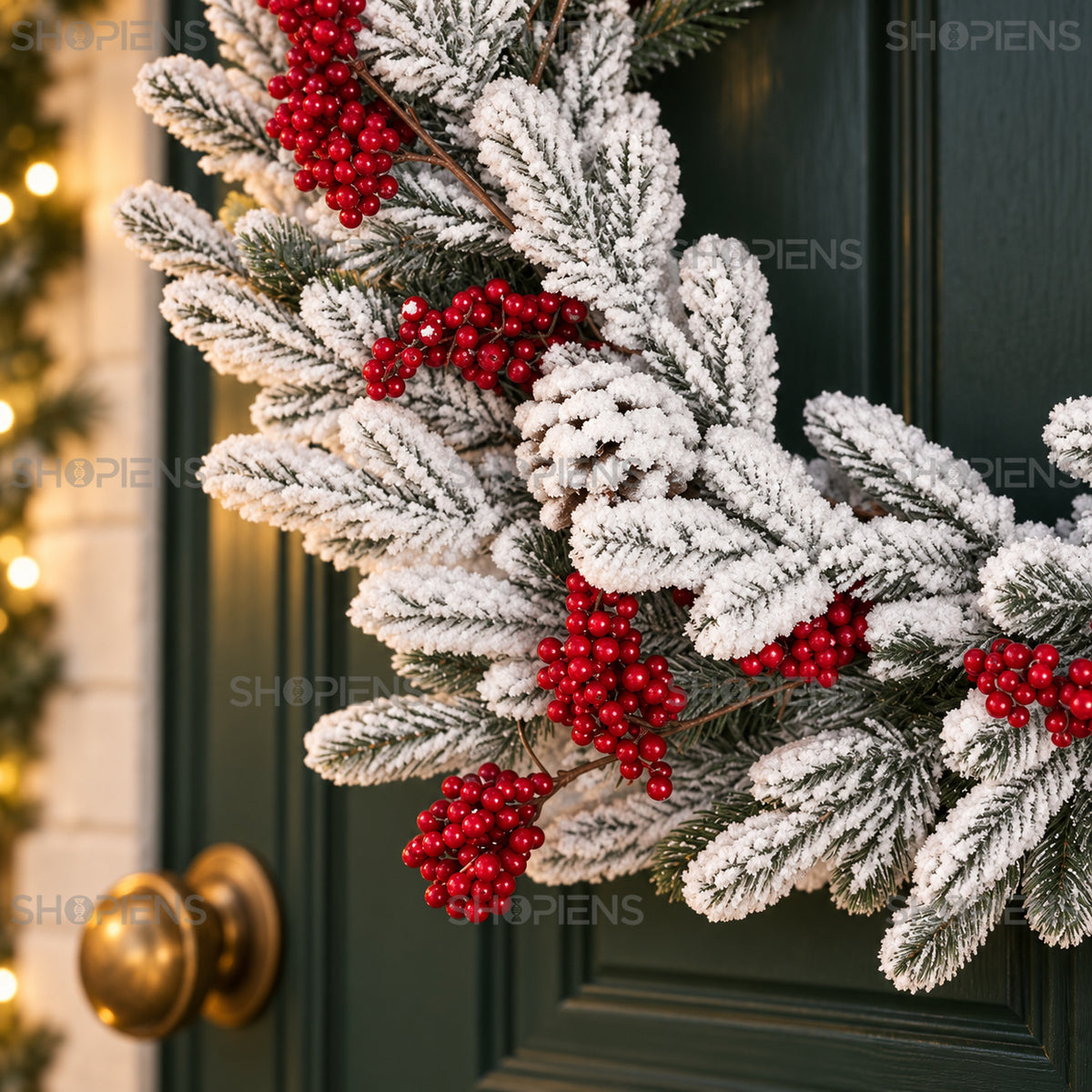 Coroniță de Crăciun ninsă cu pomușoare roșii, Ø60 cm, detaliu apropiat al designului, decor neinclus | Shopiens®