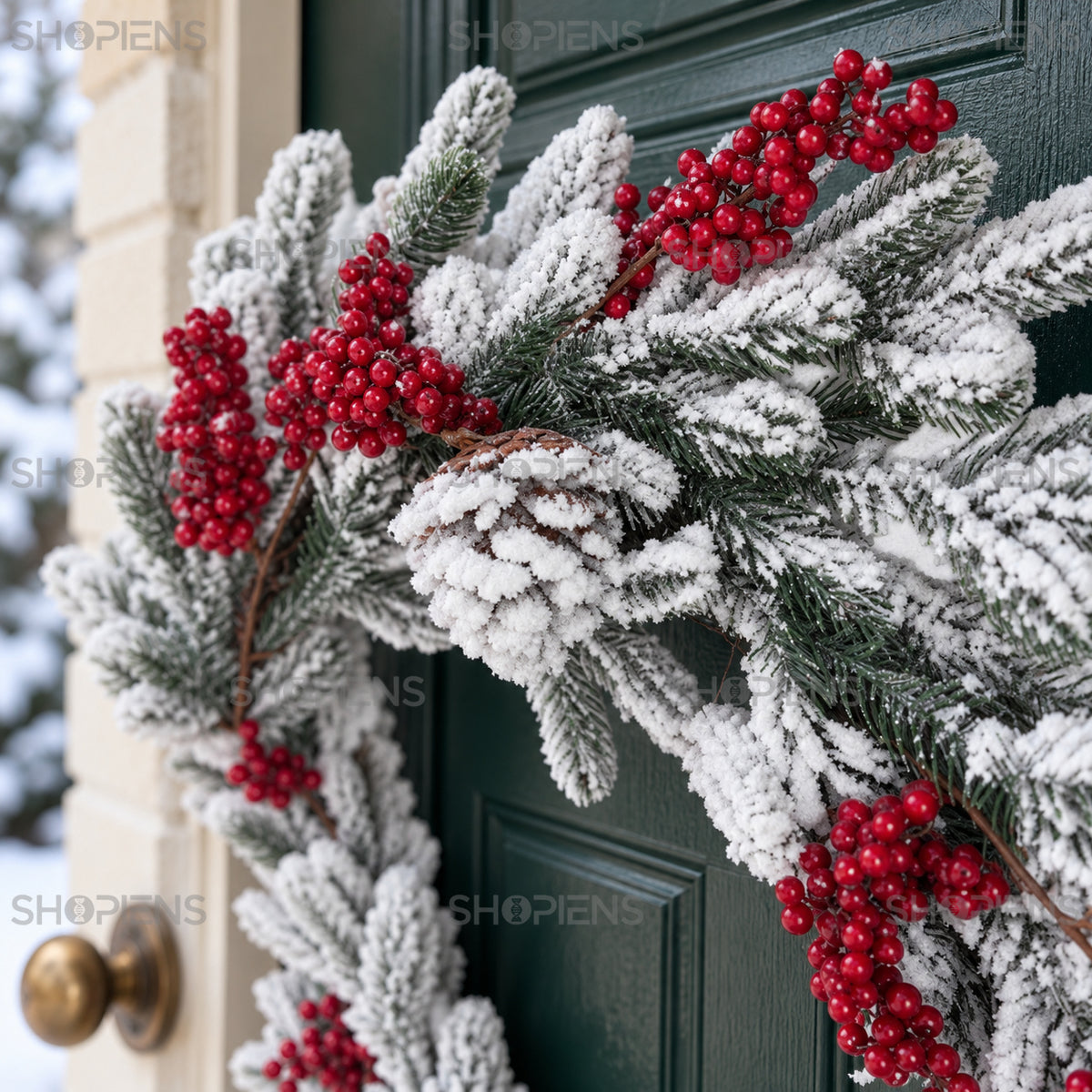 Coroniță de Crăciun ninsă cu pomușoare roșii, Ø60 cm, detaliu al crenguțelor și volumului, decor neinclus | Shopiens®