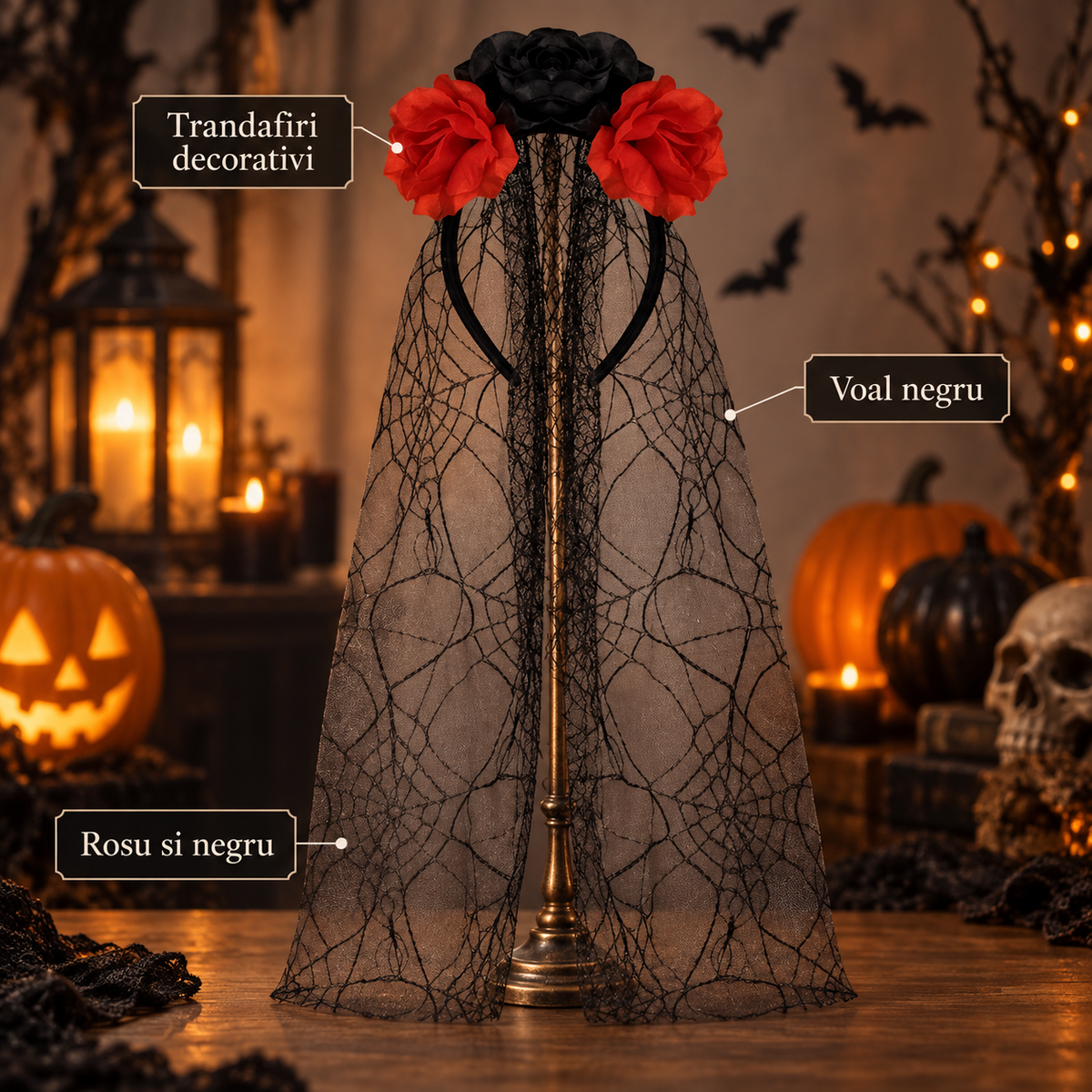 Coronita Cu Trandafiri Rosii Si Voal Negru - specificatii - Shopiens