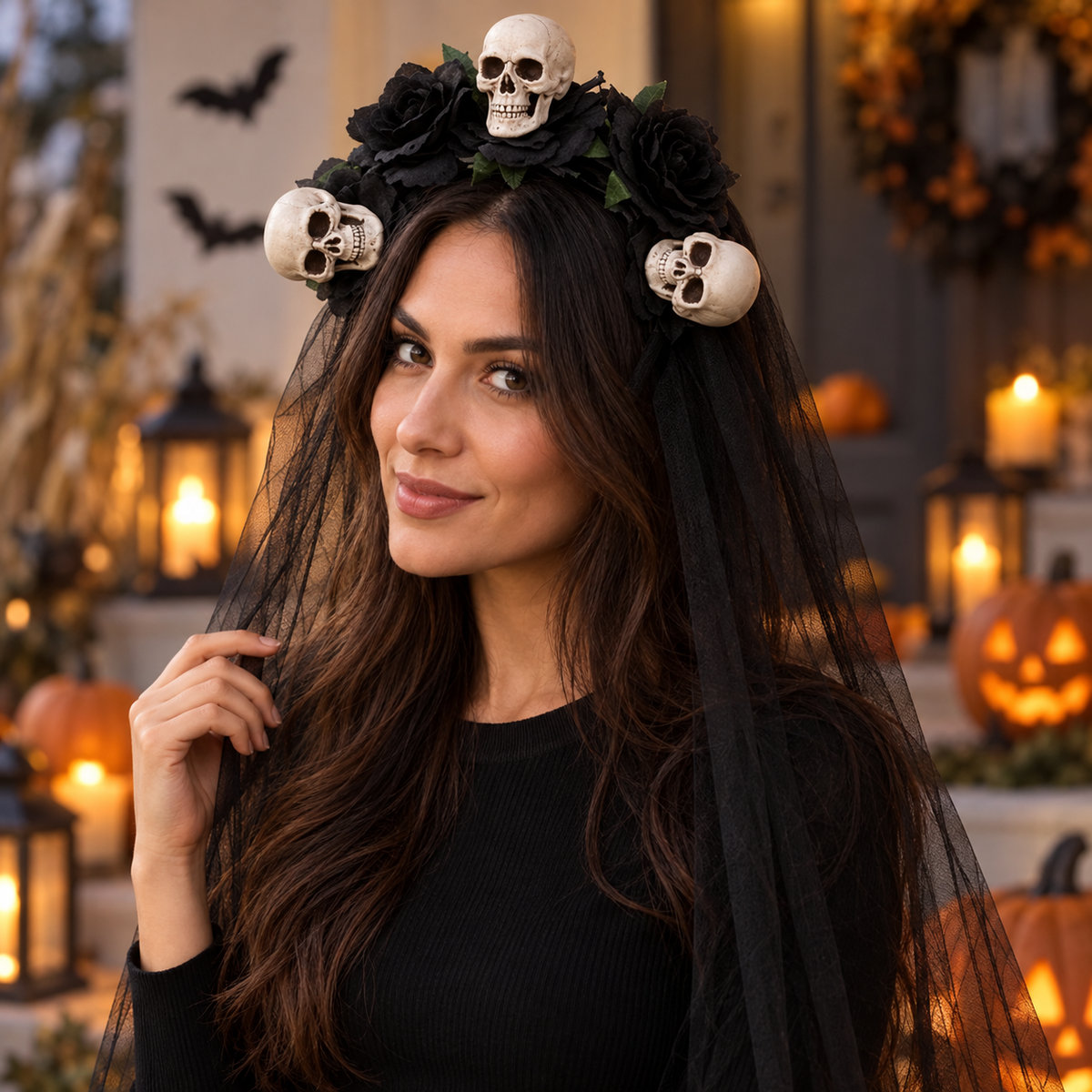 Coronita Cu Trei Cranii Si Voal Negru De 1 M - in folosinta 1 - Shopiens