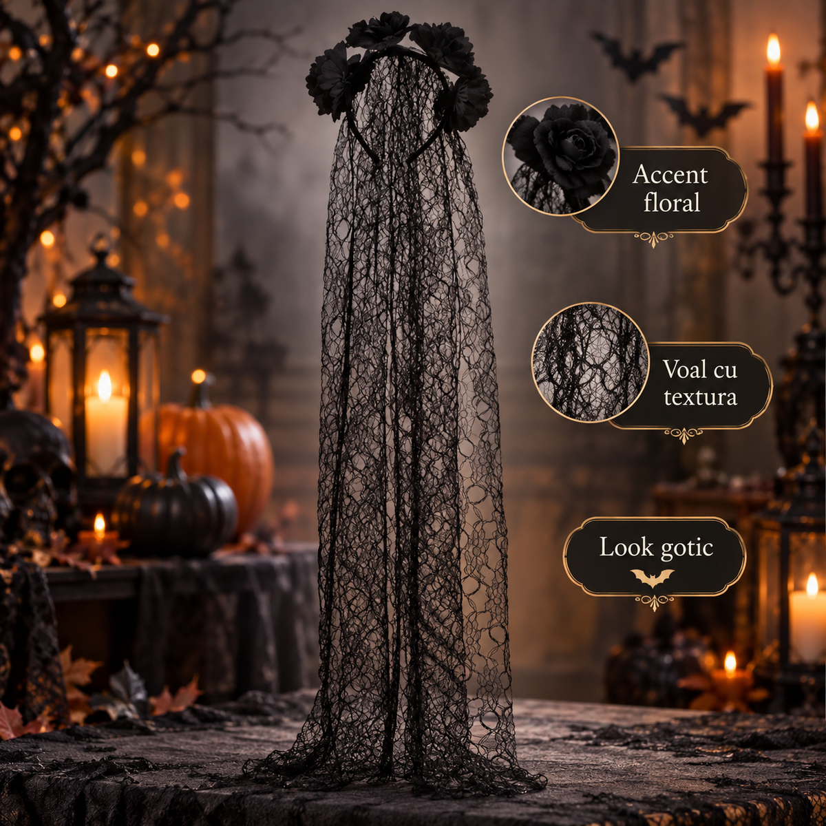 Coronita Gotica Cu Trandafiri Si Dantela Neagra, 90 Cm - avantaje - Shopiens