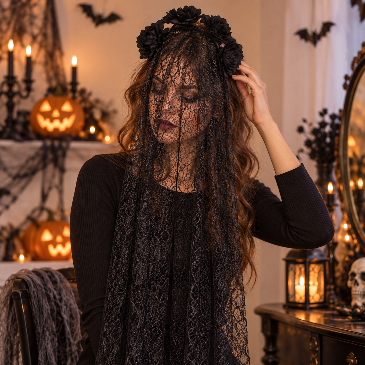 Coronita Gotica Cu Trandafiri Si Dantela Neagra, 90 Cm - in folosinta 2 - Shopiens
