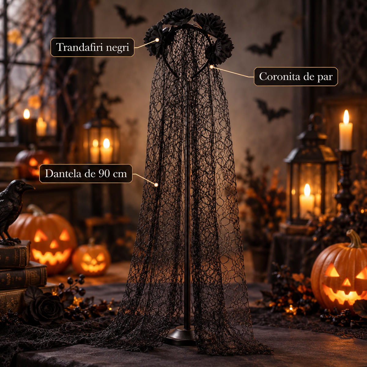 Coronita Gotica Cu Trandafiri Si Dantela Neagra, 90 Cm - specificatii - Shopiens