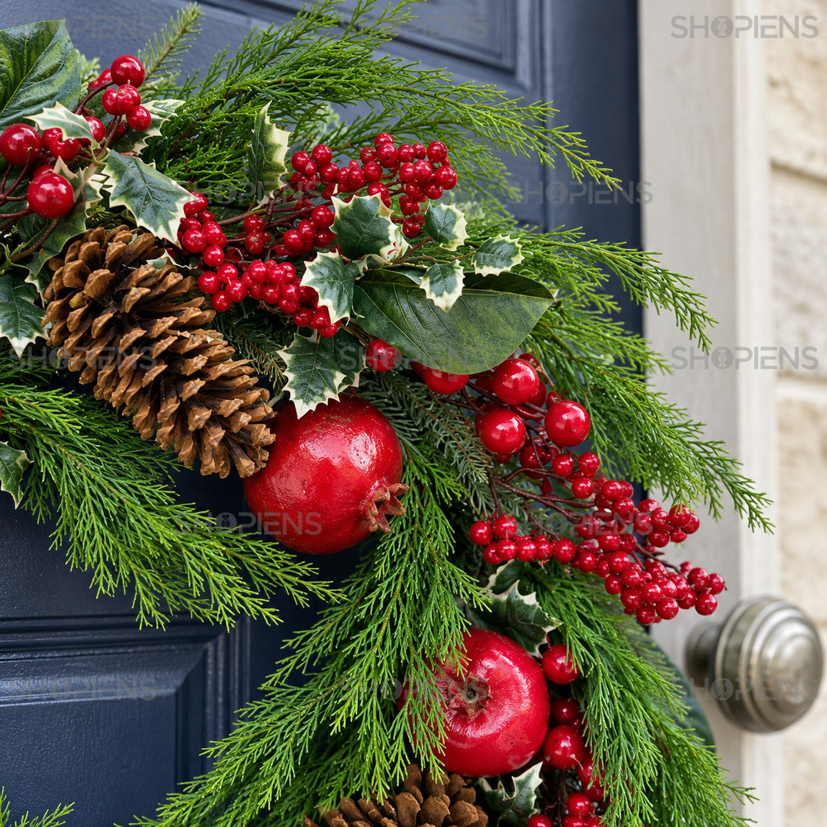 Coroniță mare cu mere, rodii și pomușoare, Ø70 cm, detaliu al crenguțelor și volumului, decor neinclus | Shopiens®