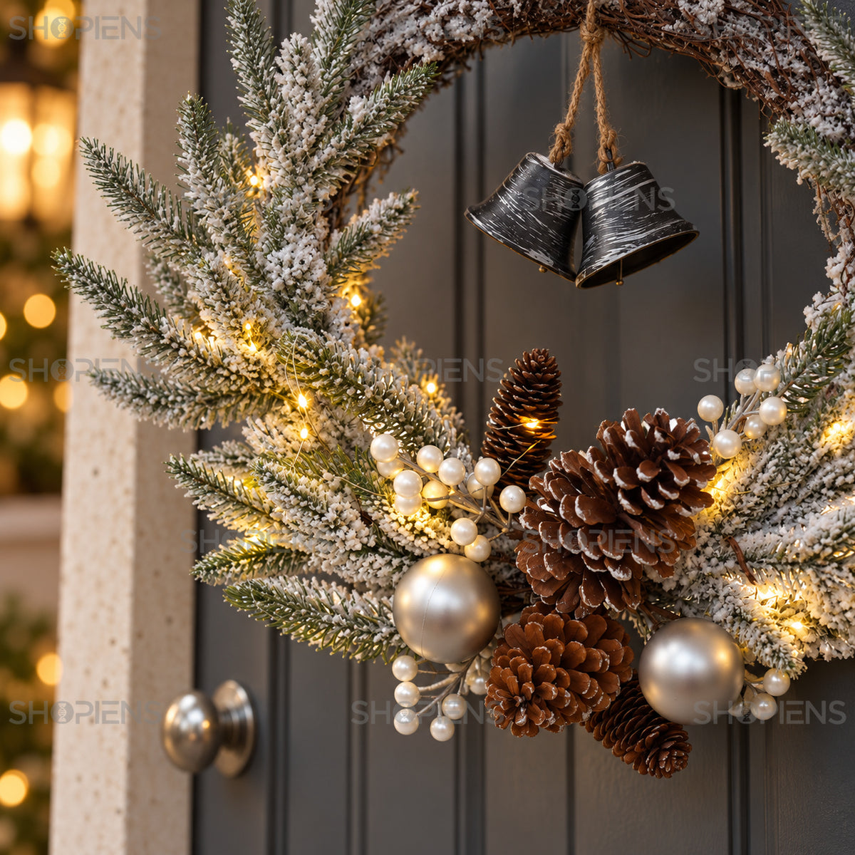 Coroniță ninsă cu clopoței argintii și LED, Ø60 cm, detaliu apropiat al designului, decor neinclus | Shopiens®