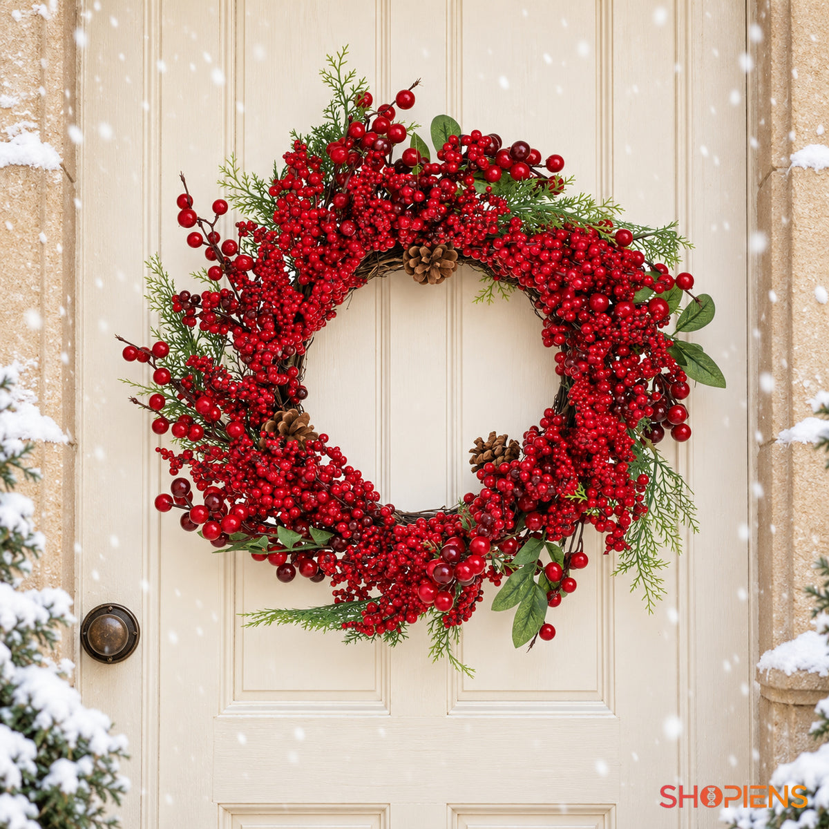 Coroniță cu pomușoare roșii și conuri, Ø50 cm, pe ușa de la intrare, decor neinclus | Shopiens®