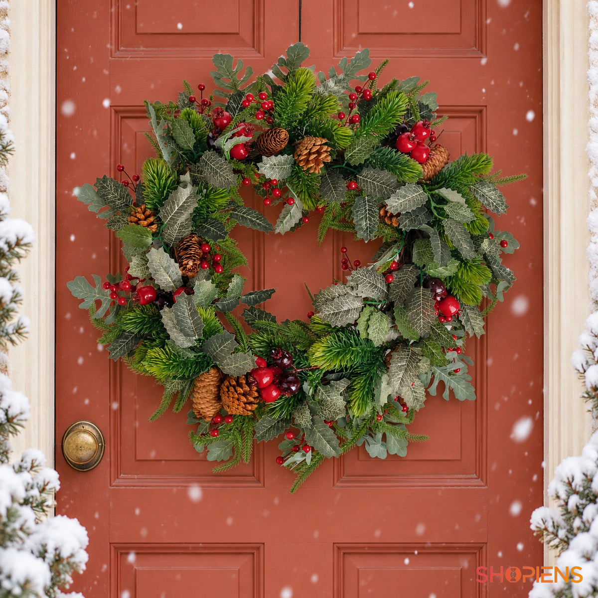 Coroniță din ramuri cu rodii și conuri, Ø60 cm, pe ușa de la intrare, decor neinclus | Shopiens®