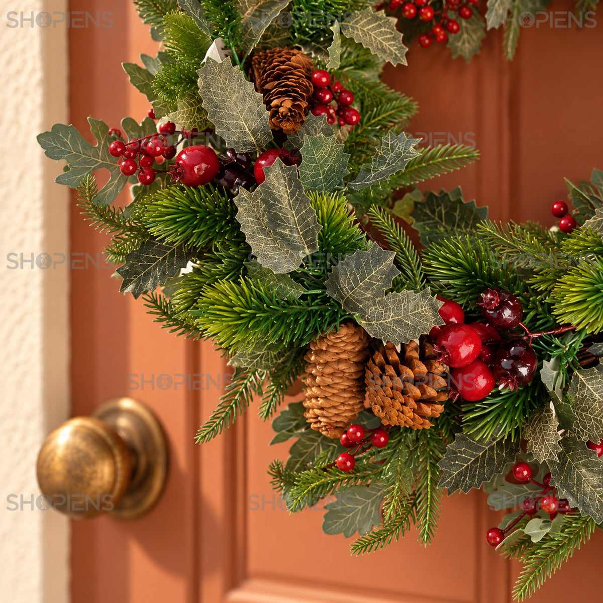 Coroniță din ramuri cu rodii și conuri, Ø60 cm, detaliu apropiat al designului, decor neinclus | Shopiens®