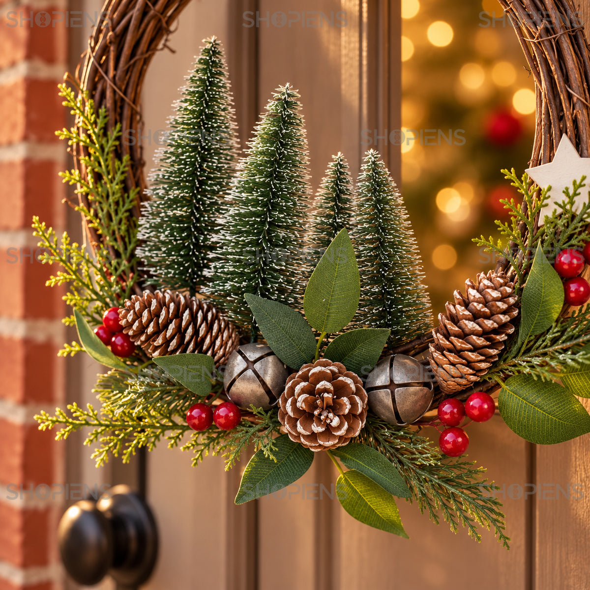 Coroniță rustică cu brăduți și clopoței, Ø30 cm, detaliu apropiat al designului, decor neinclus | Shopiens®
