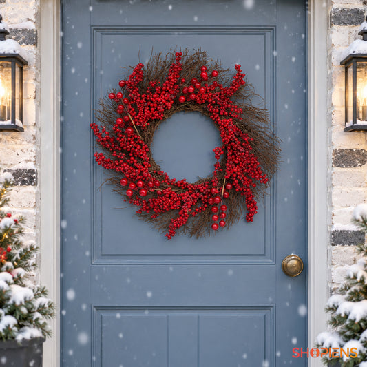 Coroniță rustică cu pomușoare mici și mari, Ø50 cm, pe ușa de la intrare, decor neinclus | Shopiens®