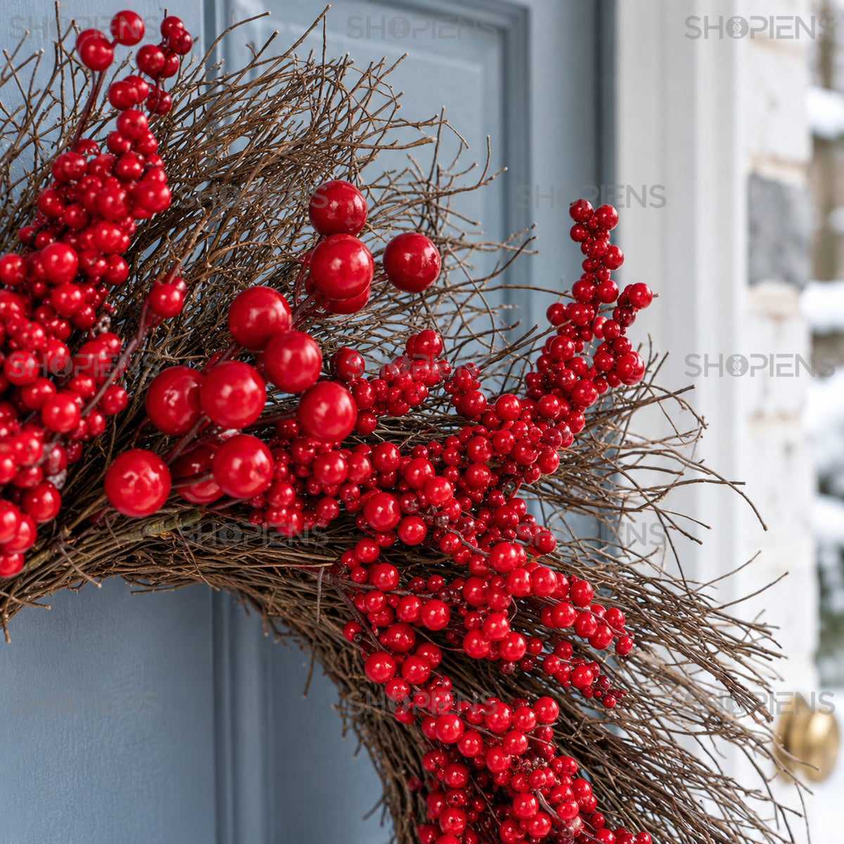 Coroniță rustică cu pomușoare mici și mari, Ø50 cm, detaliu al crenguțelor și volumului, decor neinclus | Shopiens®