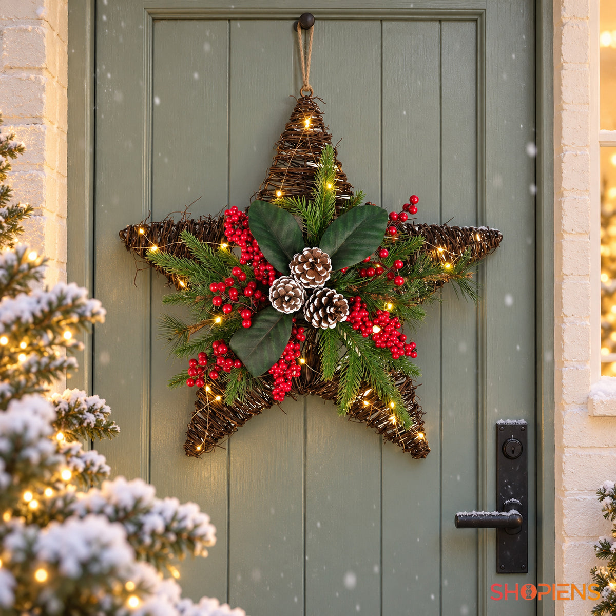 Coroniță stea cu pomușoare, conuri și LED, 50 cm, pe ușa de la intrare, decor neinclus | Shopiens®