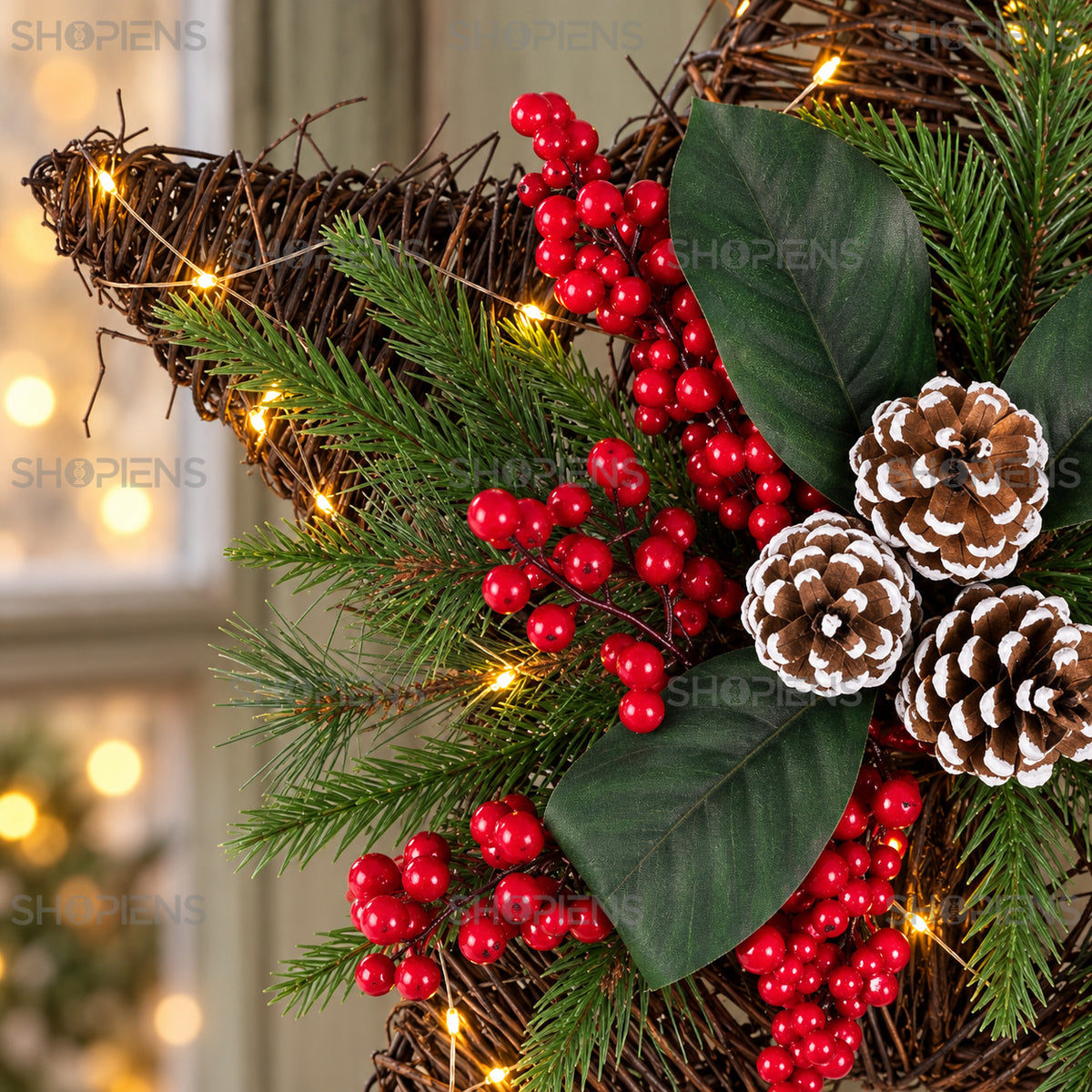 Coroniță stea cu pomușoare, conuri și LED, 50 cm, detaliu al crenguțelor și volumului, decor neinclus | Shopiens®