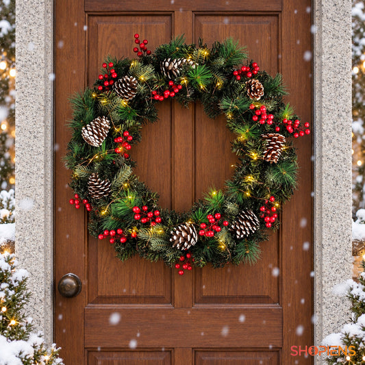 Coroniță verde cu fructe roșii, conuri și LED, Ø70 cm, pe ușa de la intrare, decor neinclus | Shopiens®