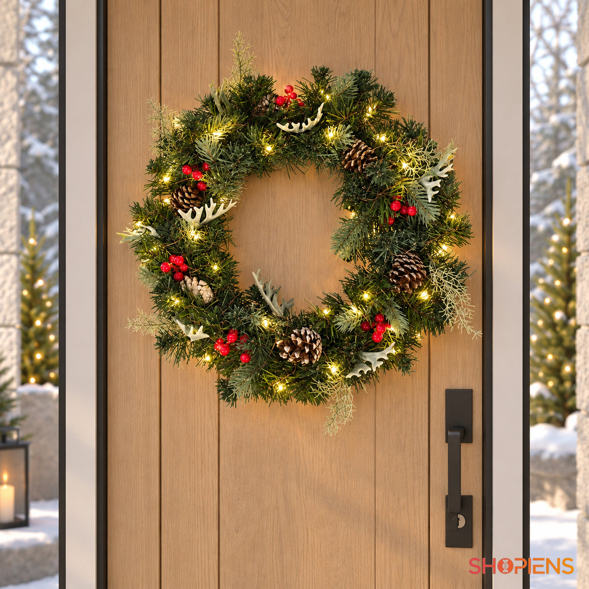 Coroniță verde cu LED, conuri și pomușoare, Ø50 cm, pe ușa de la intrare, vedere frontală, decor neinclus | Shopiens®