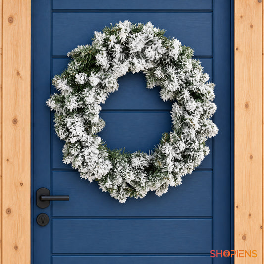 Coroniță verde ninsă cu 120 de crenguțe, Ø60 cm, pe ușa de la intrare, vedere frontală, decor neinclus | Shopiens®