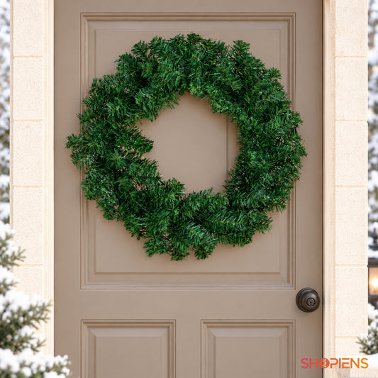 Coroniță verde pentru ușă, Ø60 cm, pe ușa de la intrare, vedere frontală, decor neinclus | Shopiens®