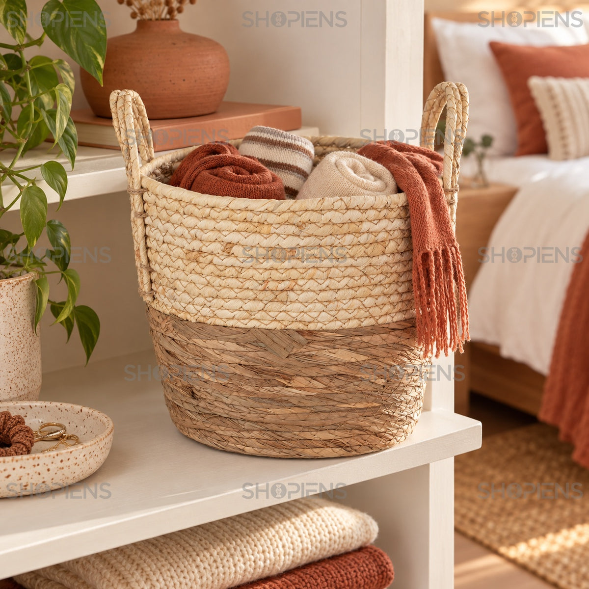 Coș bej-maro pentru organizarea textilelor
