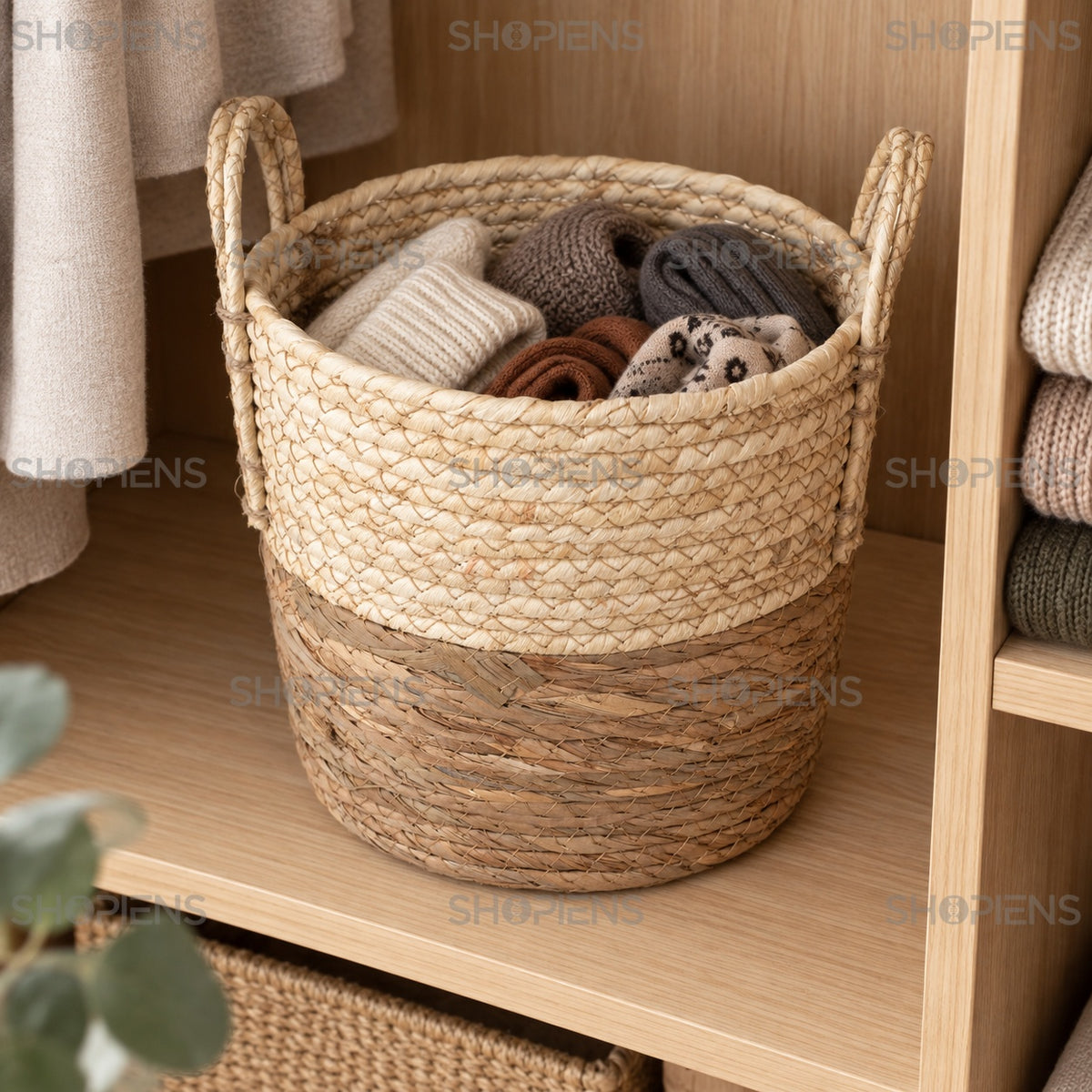Coș bej-maro pentru organizarea textilelor