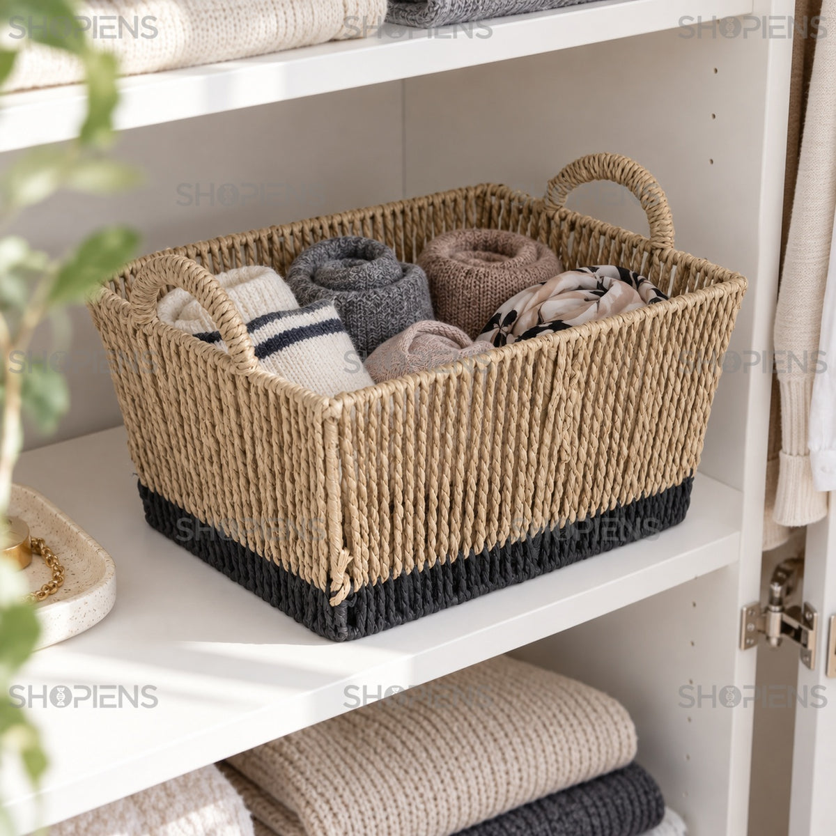Coș cu mânere pentru textile, bej-negru