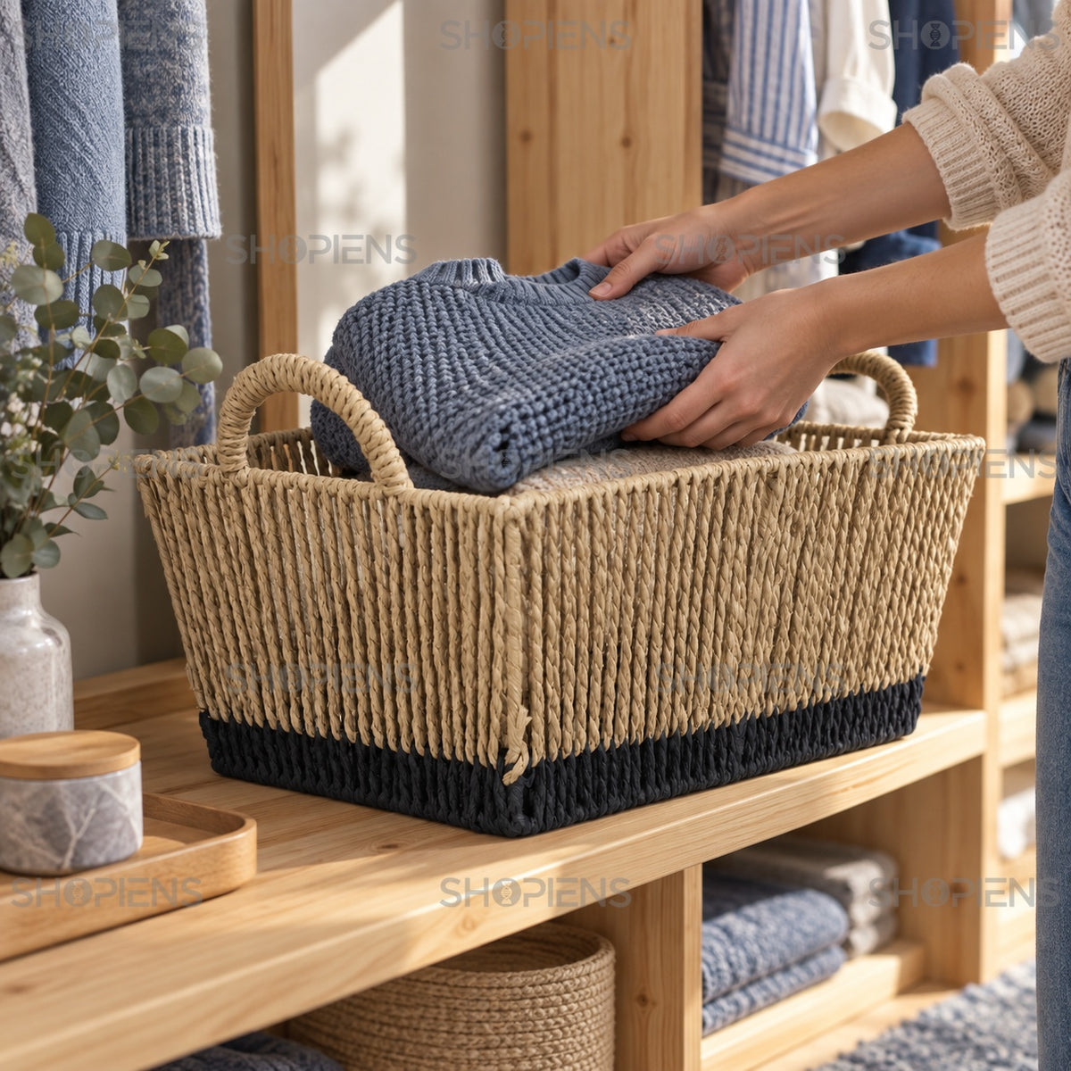 Coș cu mânere pentru textile, bej-negru