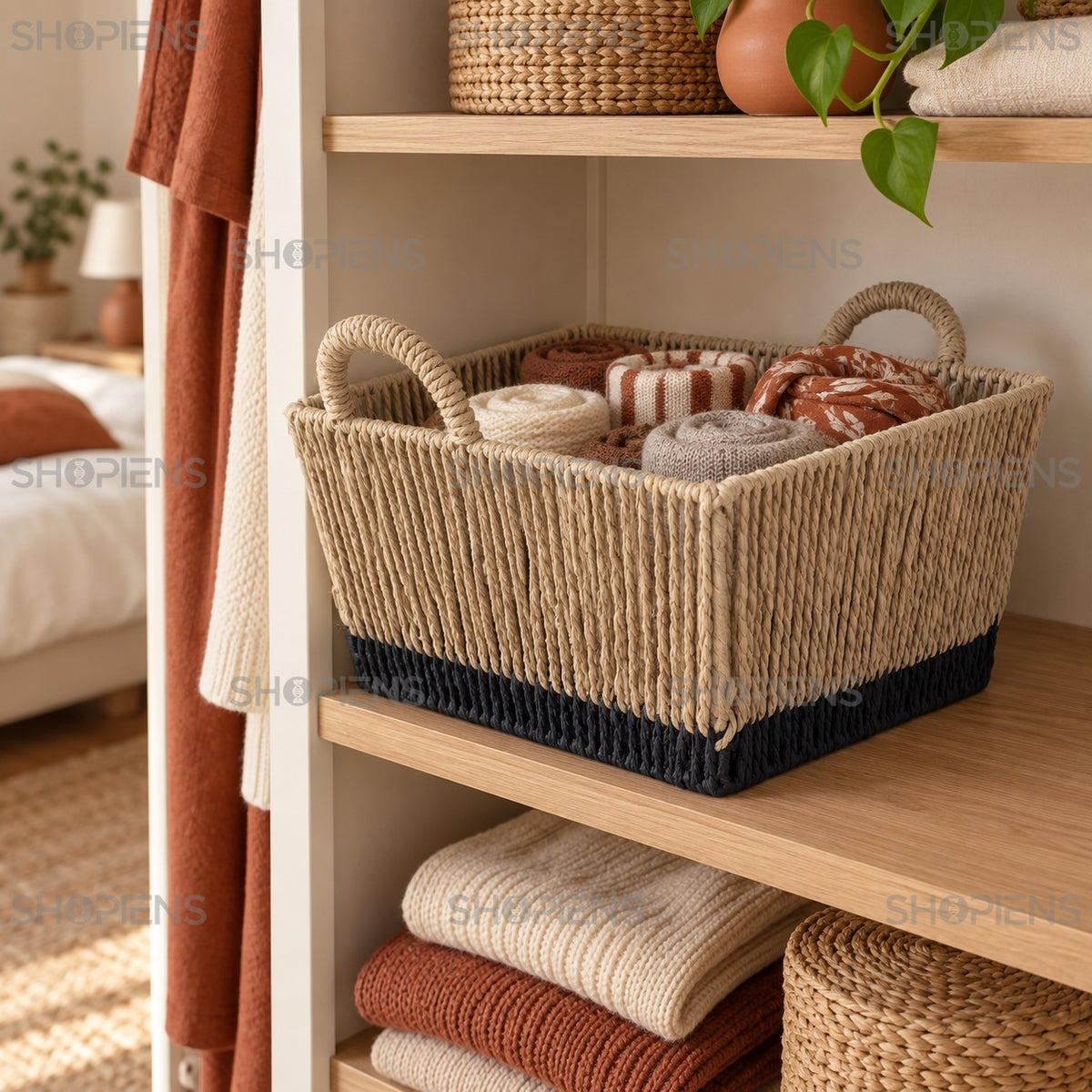 Coș cu mânere pentru textile, bej-negru