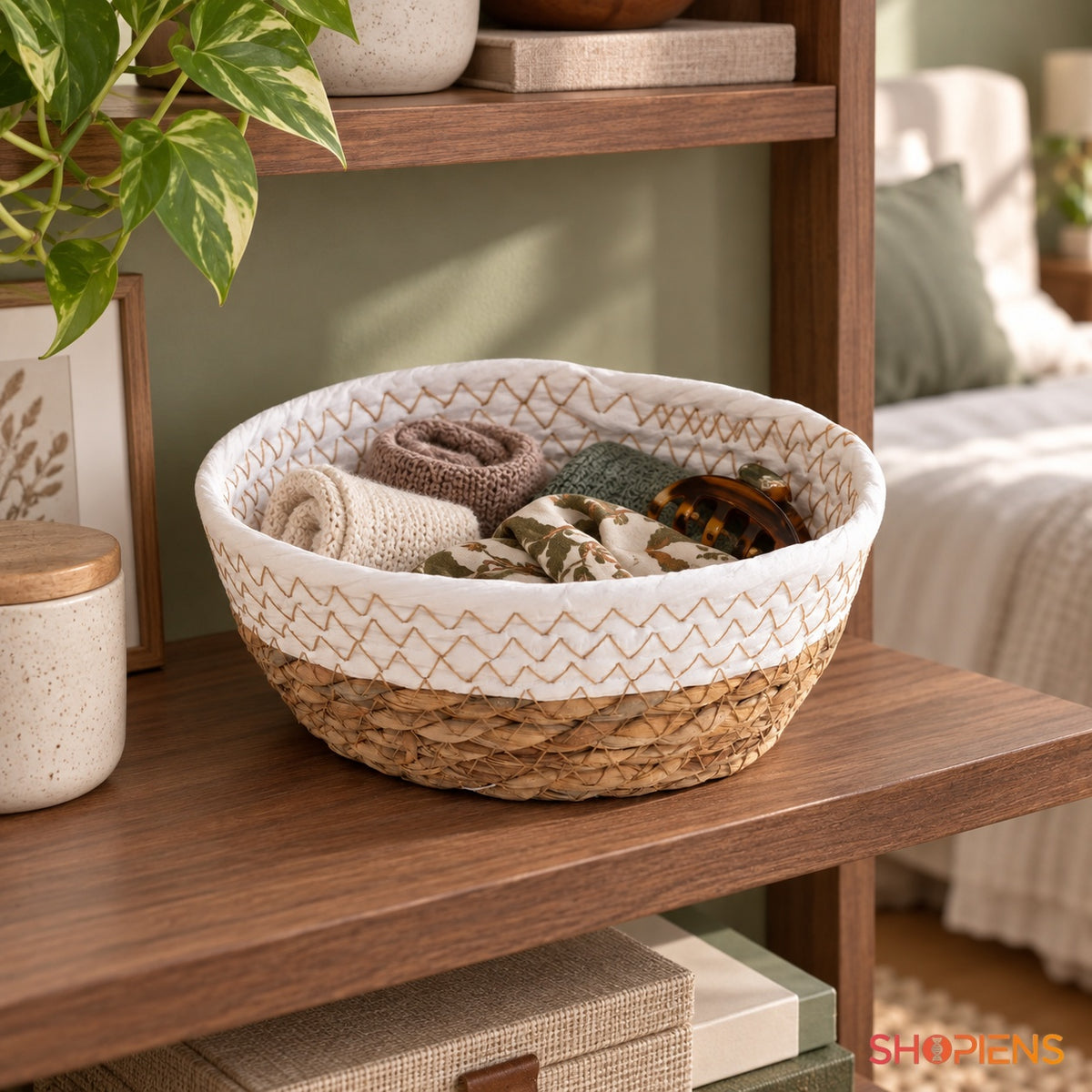 Coș decorativ cu bordură geometrică, 18 cm