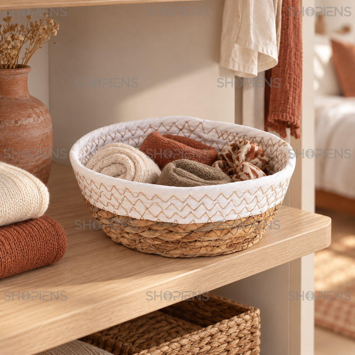 Coș decorativ cu bordură geometrică, 18 cm