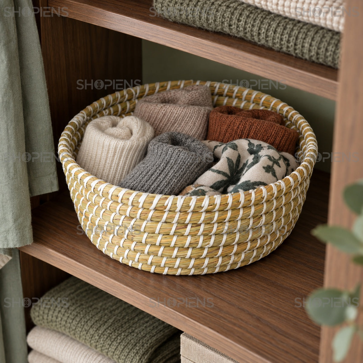 Coș din paie cu împletitură albă, 30 cm