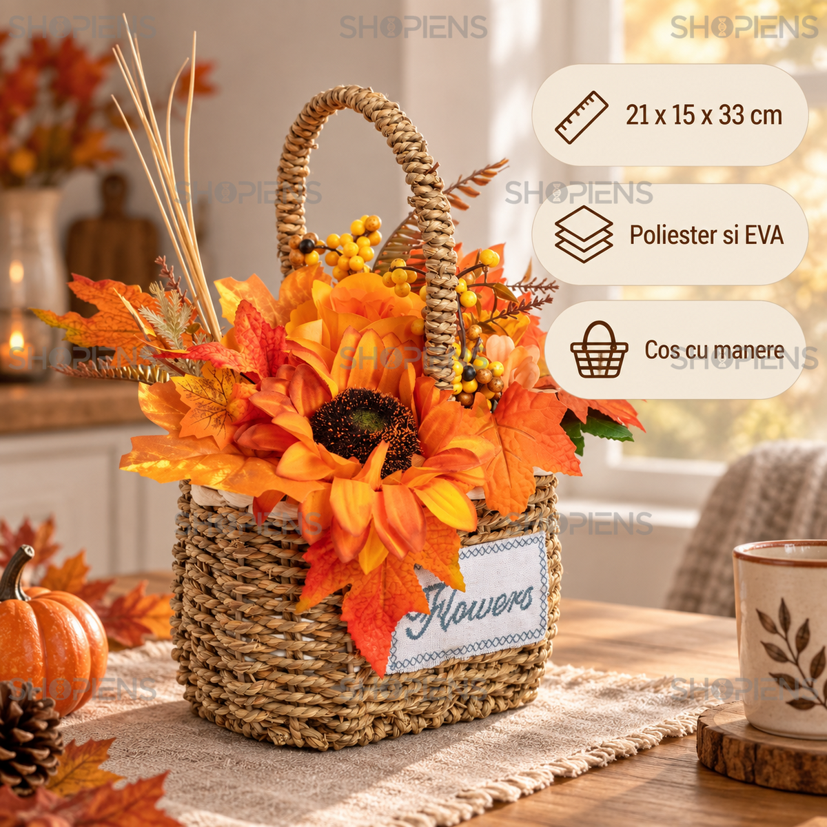 Cos Impletit Cu Floarea-Soarelui Si Flori De Toamna - specificatii - Shopiens