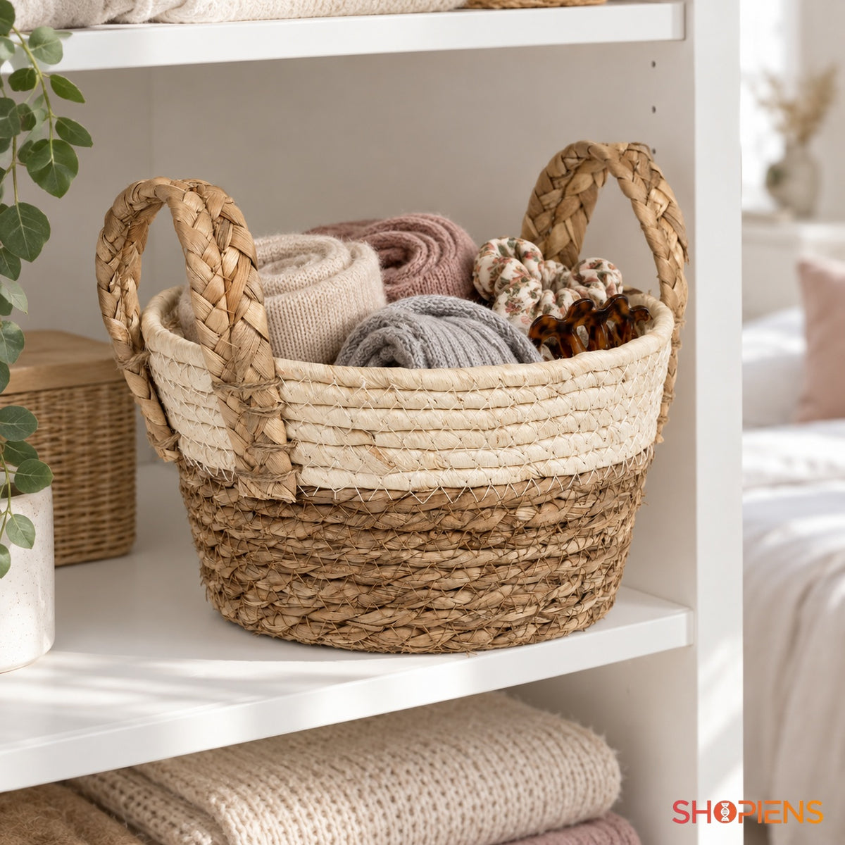 Coș rotund bicolor din fibre naturale, 22 cm