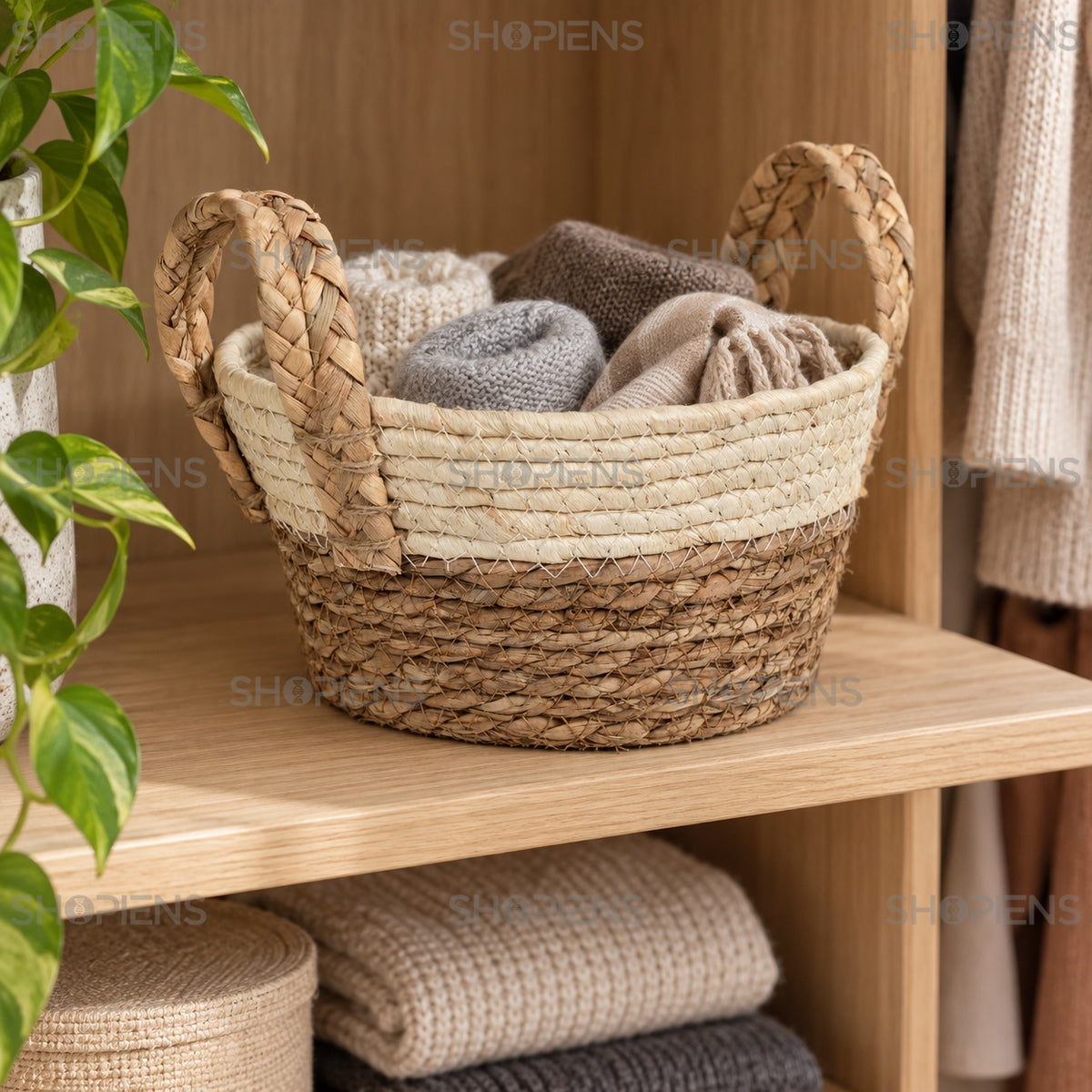 Coș rotund bicolor din fibre naturale, 22 cm