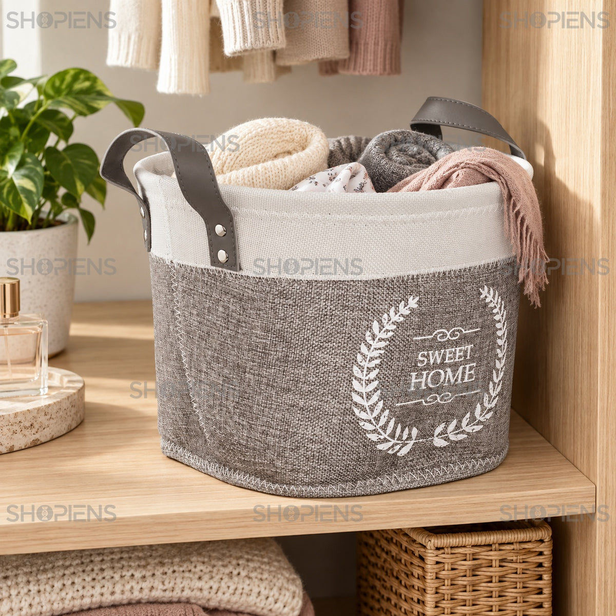 Coș rotund gri-bej cu mânere textile