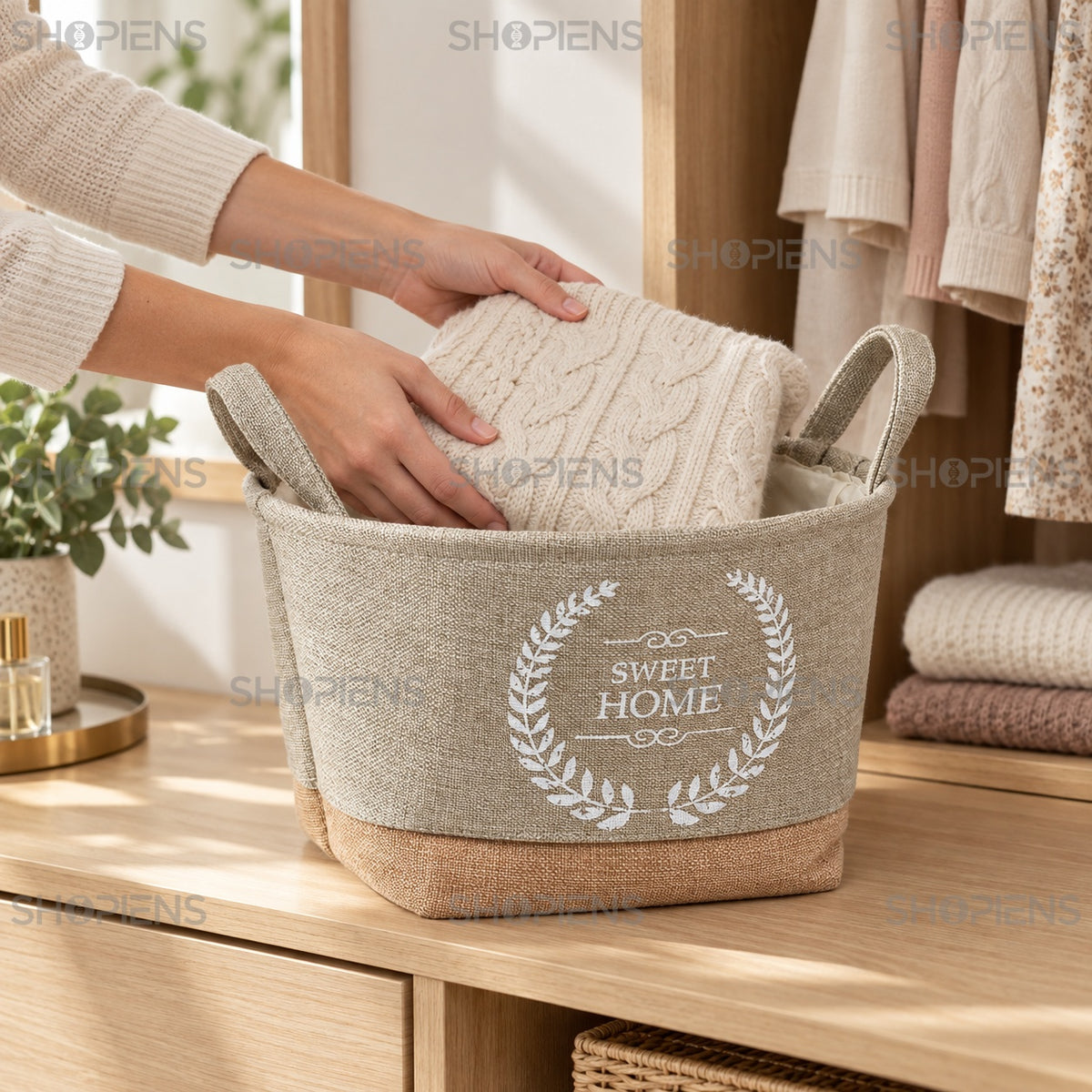 Coș textil bej cu mânere, 30 cm