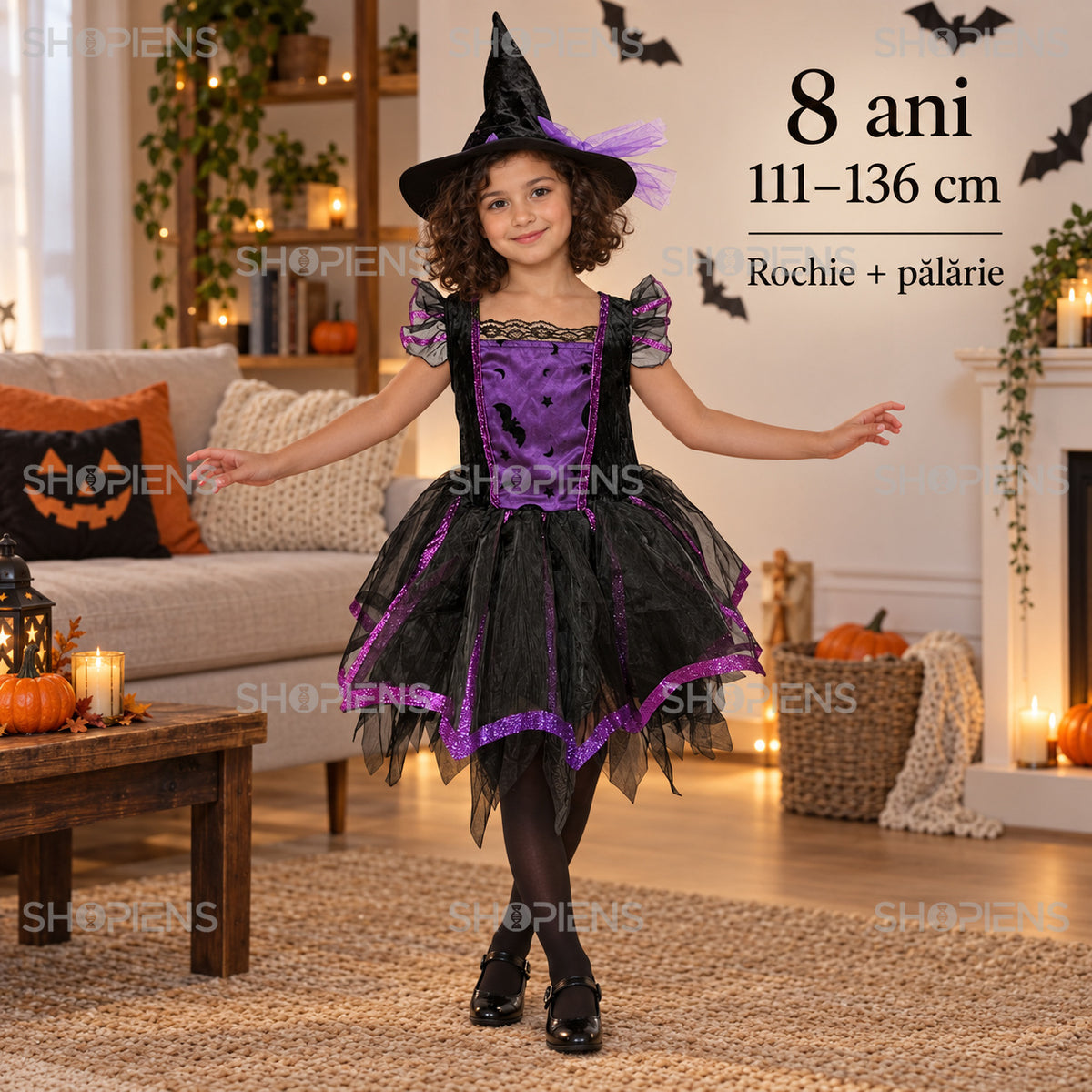 Costum Vrăjitoare Mov Cu Pălărie, 8 Ani