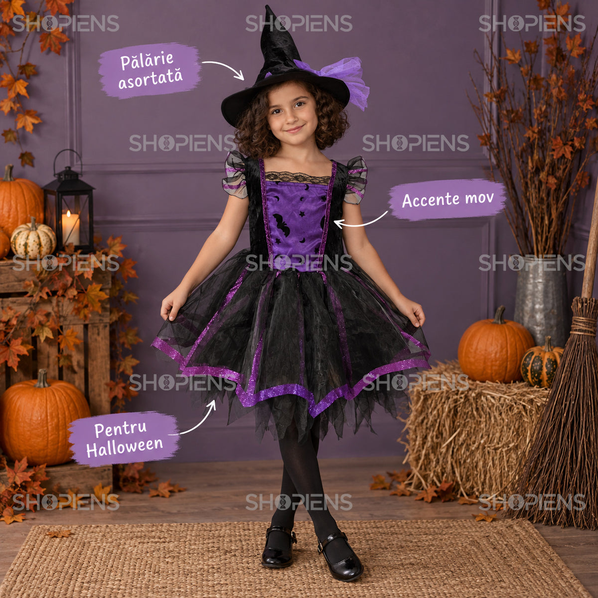 Costum Vrăjitoare Mov Cu Pălărie, 8 Ani