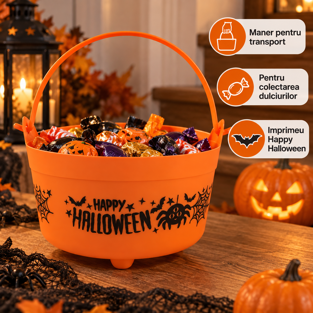 Cosulet Portocaliu Cu Maner Happy Halloween - avantaje - Shopiens