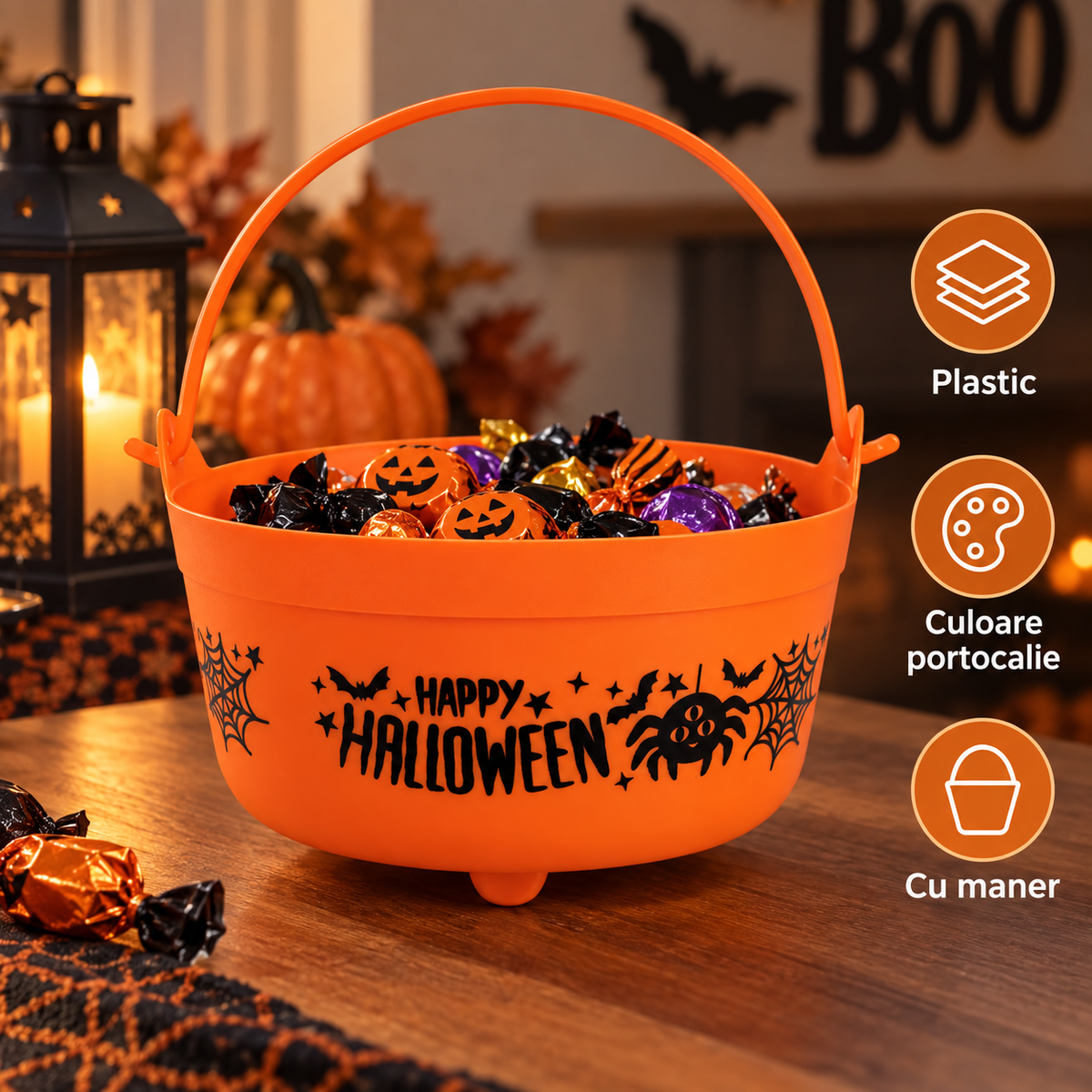 Cosulet Portocaliu Cu Maner Happy Halloween - specificatii - Shopiens