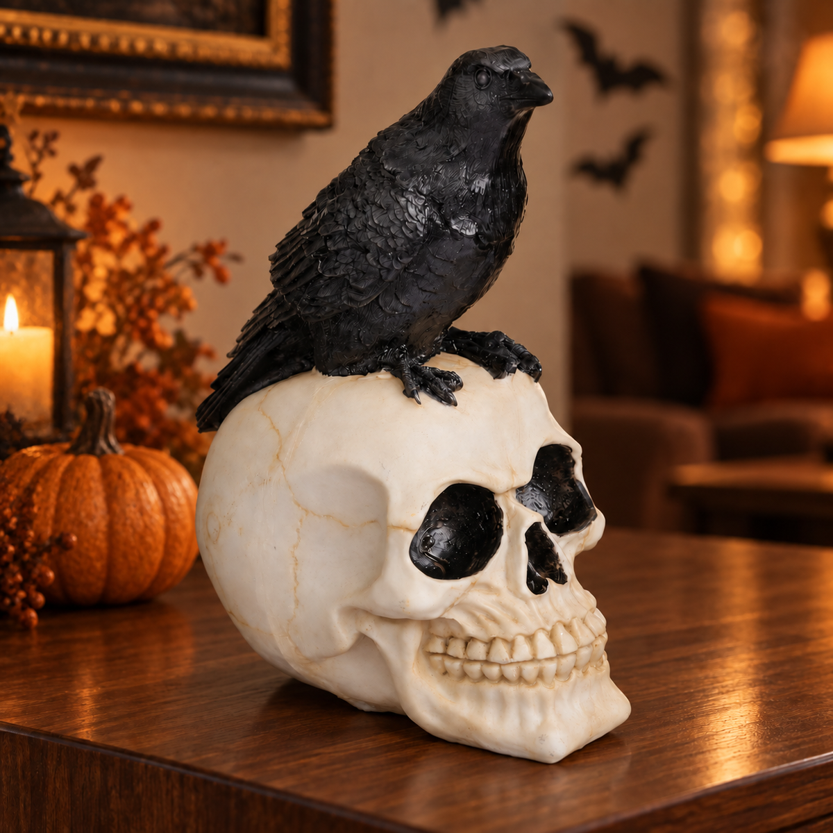 Craniu Cu Corb Negru, Figurina Gotica De Halloween 20 Cm - Shopiens