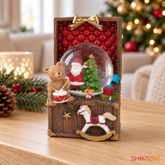 Cufăr muzical cu glob, Moș Crăciun și jucării, 13,5 cm în decor luminos de Crăciun | Shopiens®